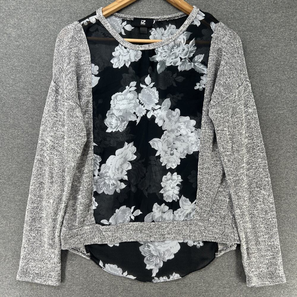 IZ Byer Long Sleeve Shirt Womens Large Gray Black Floral Print Sheer Panels Top